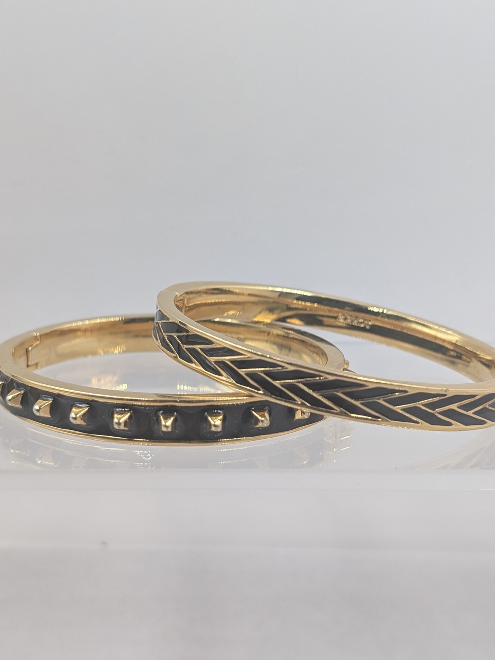 J.Crew Black Enamel Gold Bangle Bracelet Set Studded Chevron | M289